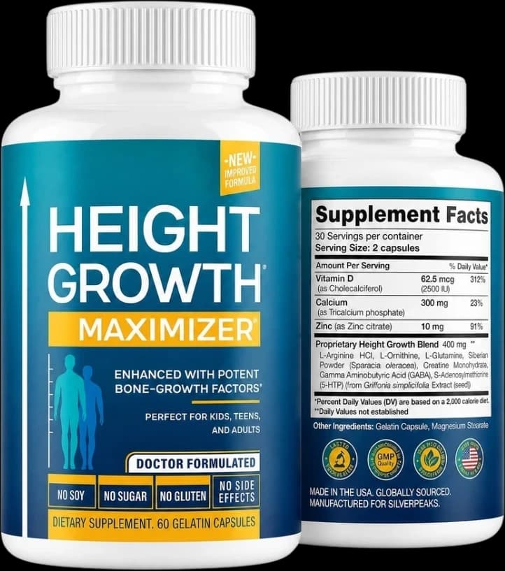 Flacon Height Growth Maximizer, face avant et étiquette Supplement Facts au dos