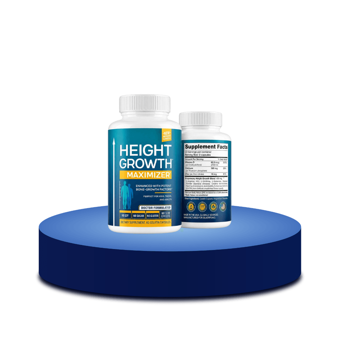 Flacons Height Growth Maximizer, face et étiquette Supplement Facts, sur un podium bleu
